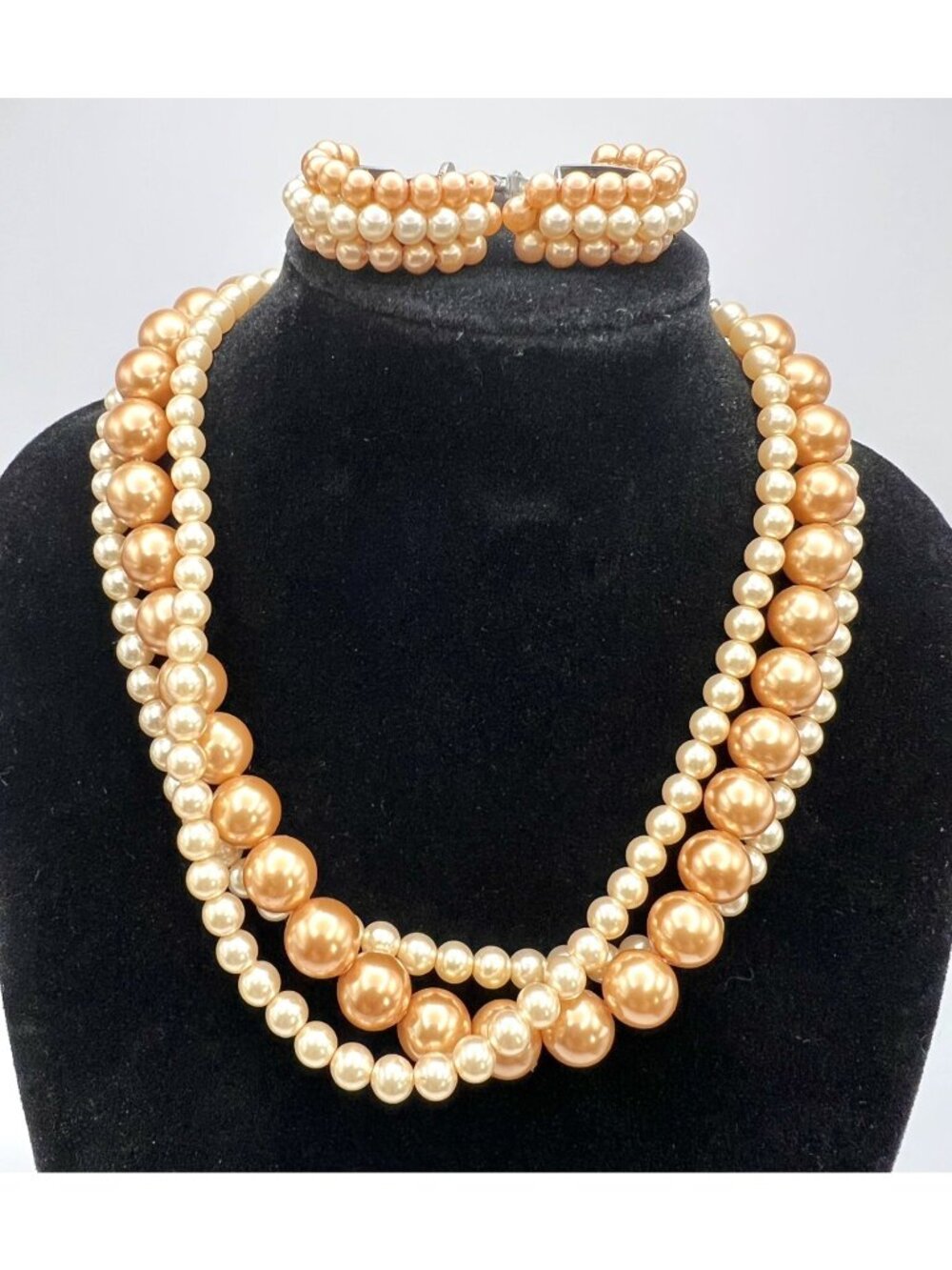 Vintage 40s 3 Strand Faux Pearls Necklace & Earrings Set